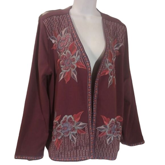 Soft Surroundings Playa embroidered open front jacket dark berry L - Picture 1 of 8
